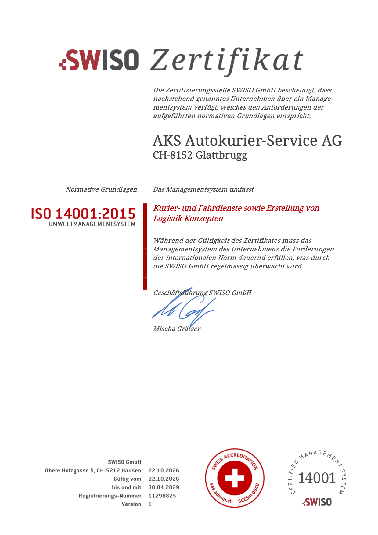 ISO 14001:2015 Zertifikat der AKS Autokurier-Service AG